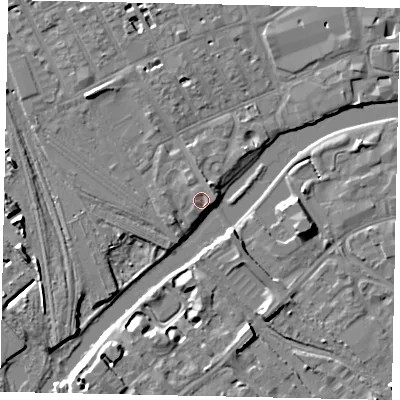 Shaded relief map of the ground around MK401BN, computed from Environment Agency LiDAR. The ground here sits at about 28 m above sea level and falls 7 m across the surrounding 800 m. Surface water reaching this point runs off ground lying to the south-east, 1.2 m higher.