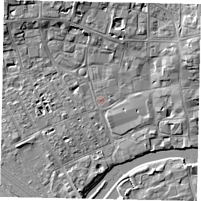 Shaded relief map of the ground around MK401HJ, computed from Environment Agency LiDAR. The ground here sits at about 27 m above sea level and falls 8 m across the surrounding 800 m. Surface water reaching this point runs off ground lying to the north-north-west, 7.3 m higher.