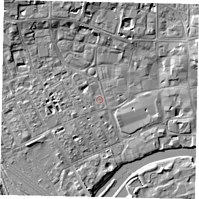 Shaded relief map of the ground around MK401HP, computed from Environment Agency LiDAR. The ground here sits at about 27 m above sea level and falls 8 m across the surrounding 800 m. Surface water reaching this point runs off ground lying to the north-west, 6.9 m higher.