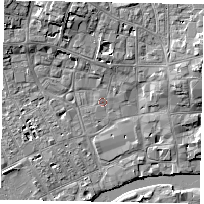 Shaded relief map of the ground around MK401LJ, computed from Environment Agency LiDAR. The ground here sits at about 27 m above sea level and falls 10 m across the surrounding 800 m. Surface water reaching this point runs off ground lying to the north, 7.0 m higher.