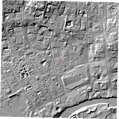 Shaded relief map of the ground around MK401LR, computed from Environment Agency LiDAR. The ground here sits at about 27 m above sea level and falls 10 m across the surrounding 800 m. Surface water reaching this point runs off ground lying to the north, 4.4 m higher.