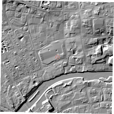 Shaded relief map of the ground around MK401PJ, computed from Environment Agency LiDAR. The ground here sits at about 27 m above sea level and falls 9 m across the surrounding 800 m. Surface water reaching this point runs off ground lying to the east-north-east, 1.5 m higher.