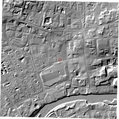 Shaded relief map of the ground around MK401PL, computed from Environment Agency LiDAR. The ground here sits at about 27 m above sea level and falls 10 m across the surrounding 800 m. Surface water reaching this point runs off ground lying to the east-north-east, 7.1 m higher.