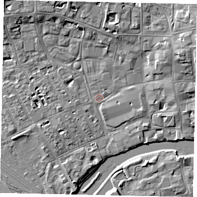 Shaded relief map of the ground around MK401PR, computed from Environment Agency LiDAR. The ground here sits at about 27 m above sea level and falls 8 m across the surrounding 800 m. Surface water reaching this point runs off ground lying to the east-north-east, 6.9 m higher.