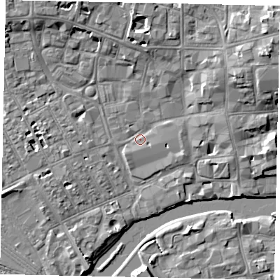 Shaded relief map of the ground around MK401PS, computed from Environment Agency LiDAR. The ground here sits at about 27 m above sea level and falls 9 m across the surrounding 800 m. Surface water reaching this point runs off ground lying to the north-east, 8.1 m higher.