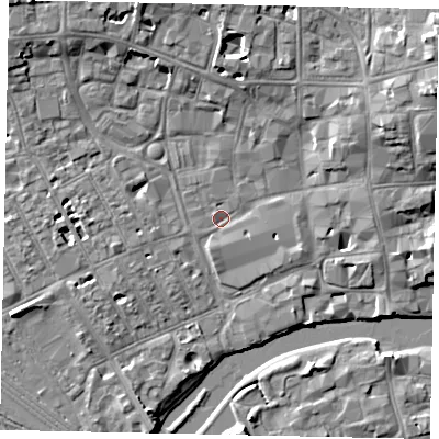 Shaded relief map of the ground around MK401PW, computed from Environment Agency LiDAR. The ground here sits at about 26 m above sea level and falls 9 m across the surrounding 800 m. Surface water reaching this point runs off ground lying to the east-north-east, 8.1 m higher.