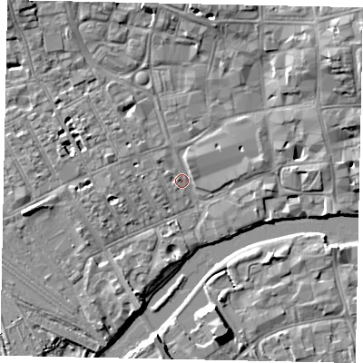Shaded relief map of the ground around MK401PX, computed from Environment Agency LiDAR. The ground here sits at about 26 m above sea level and falls 8 m across the surrounding 800 m. Surface water reaching this point runs off ground lying to the north-east, 7.0 m higher.