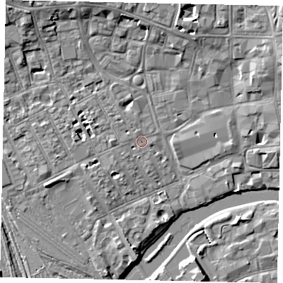 Shaded relief map of the ground around MK401QB, computed from Environment Agency LiDAR. The ground here sits at about 27 m above sea level and falls 7 m across the surrounding 800 m. Surface water reaching this point runs off ground lying to the north-north-west, 1.0 m higher.