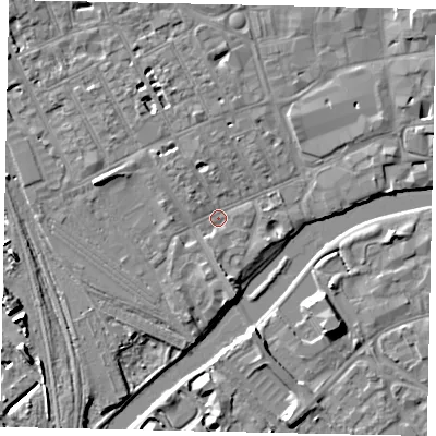 Shaded relief map of the ground around MK401QS, computed from Environment Agency LiDAR. The ground here sits at about 27 m above sea level and falls 7 m across the surrounding 800 m. Surface water reaching this point runs off ground lying to the west-north-west, 4.2 m higher.