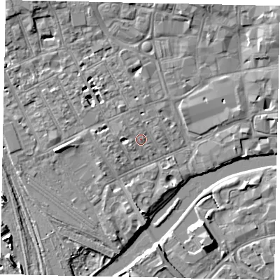 Shaded relief map of the ground around MK401QU, computed from Environment Agency LiDAR. The ground here sits at about 27 m above sea level and falls 6 m across the surrounding 800 m. Surface water reaching this point runs off ground lying to the west-north-west, 0.8 m higher.