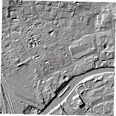 Shaded relief map of the ground around MK401QX, computed from Environment Agency LiDAR. The ground here sits at about 27 m above sea level and falls 7 m across the surrounding 800 m. Surface water reaching this point runs off ground lying to the west, 1.2 m higher.