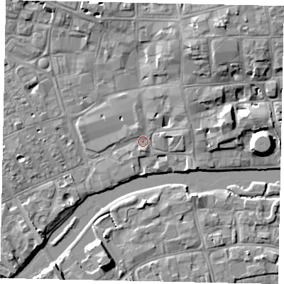 Shaded relief map of the ground around MK401RA, computed from Environment Agency LiDAR. The ground here sits at about 27 m above sea level and falls 9 m across the surrounding 800 m. Surface water reaching this point runs off ground lying to the north-north-west, 1.1 m higher.