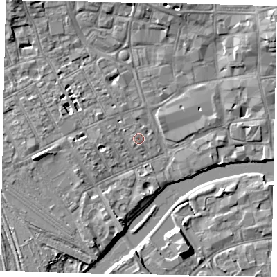 Shaded relief map of the ground around MK401RD, computed from Environment Agency LiDAR. The ground here sits at about 27 m above sea level and falls 7 m across the surrounding 800 m. Surface water reaching this point runs off ground lying to the west-north-west, 1.3 m higher.