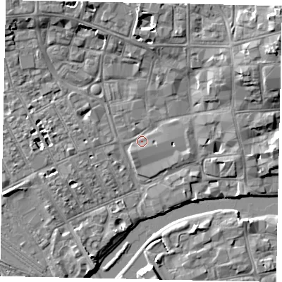 Shaded relief map of the ground around MK401RH, computed from Environment Agency LiDAR. The ground here sits at about 27 m above sea level and falls 9 m across the surrounding 800 m. Surface water reaching this point runs off ground lying to the north-east, 8.1 m higher.