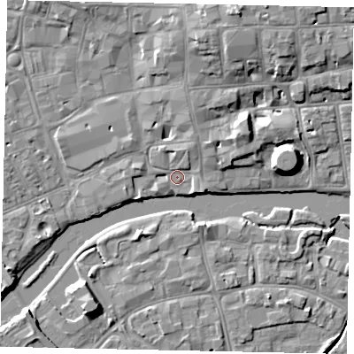 Shaded relief map of the ground around MK401SQ, computed from Environment Agency LiDAR. The ground here sits at about 27 m above sea level and falls 10 m across the surrounding 800 m. Surface water reaching this point runs off ground lying to the north, 3.9 m higher.