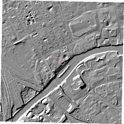 Shaded relief map of the ground around MK401TE, computed from Environment Agency LiDAR. The ground here sits at about 27 m above sea level and falls 6 m across the surrounding 800 m. Surface water reaching this point runs off ground lying to the east-south-east, 0.8 m higher.