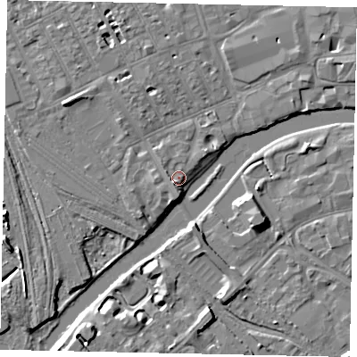 Shaded relief map of the ground around MK401TF, computed from Environment Agency LiDAR. The ground here sits at about 27 m above sea level and falls 6 m across the surrounding 800 m. Surface water reaching this point runs off ground lying to the south-west, 2.9 m higher.
