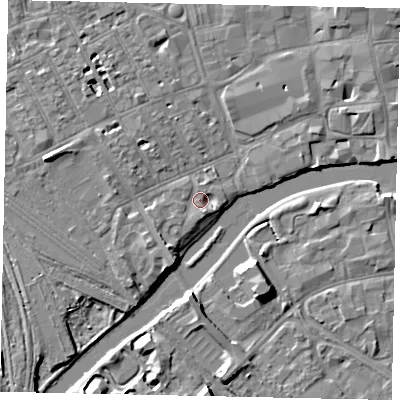 Shaded relief map of the ground around MK401TH, computed from Environment Agency LiDAR. The ground here sits at about 27 m above sea level and falls 6 m across the surrounding 800 m. Surface water reaching this point runs off ground lying to the south-west, 1.6 m higher.