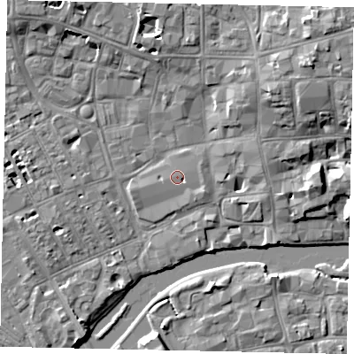 Shaded relief map of the ground around MK401TJ, computed from Environment Agency LiDAR. The ground here sits at about 27 m above sea level and falls 9 m across the surrounding 800 m. Surface water reaching this point runs off ground lying to the east-north-east, 1.0 m higher.