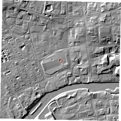 Shaded relief map of the ground around MK401TP, computed from Environment Agency LiDAR. The ground here sits at about 27 m above sea level and falls 9 m across the surrounding 800 m. Surface water reaching this point runs off ground lying to the east-south-east, 0.9 m higher.