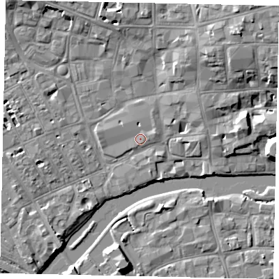 Shaded relief map of the ground around MK401TS, computed from Environment Agency LiDAR. The ground here sits at about 27 m above sea level and falls 9 m across the surrounding 800 m. Surface water reaching this point runs off ground lying to the east-north-east, 1.5 m higher.