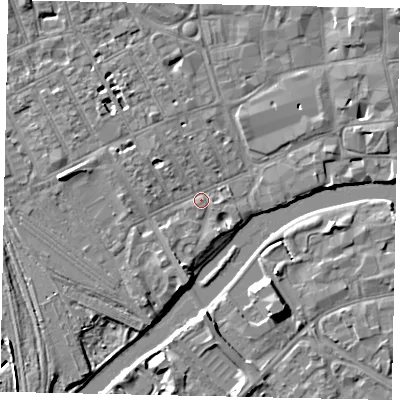 Shaded relief map of the ground around MK401TU, computed from Environment Agency LiDAR. The ground here sits at about 27 m above sea level and falls 7 m across the surrounding 800 m. Surface water reaching this point runs off ground lying to the west, 4.5 m higher.