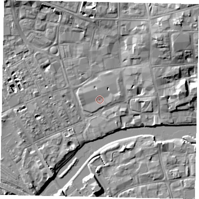 Shaded relief map of the ground around MK401UH, computed from Environment Agency LiDAR. The ground here sits at about 27 m above sea level and falls 9 m across the surrounding 800 m. Surface water reaching this point runs off ground lying to the east-north-east, 1.5 m higher.