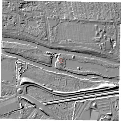 Shaded relief map of the ground around MK403QF, computed from Environment Agency LiDAR. The ground here sits at about 26 m above sea level and falls 8 m across the surrounding 800 m. Surface water reaching this point runs off ground lying to the west-south-west, 1.0 m higher.