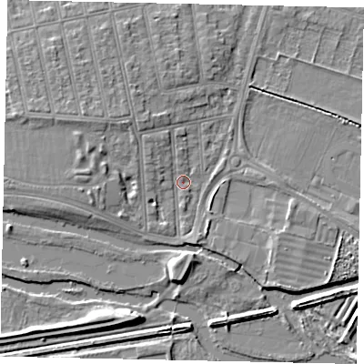Shaded relief map of the ground around MK403SB, computed from Environment Agency LiDAR. The ground here sits at about 26 m above sea level and falls 5 m across the surrounding 800 m. Surface water reaching this point runs off ground lying to the west-north-west, 3.3 m higher.