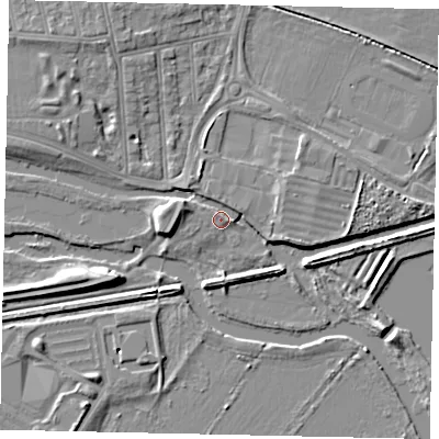 Shaded relief map of the ground around MK403UY, computed from Environment Agency LiDAR. The ground here sits at about 26 m above sea level and falls 7 m across the surrounding 800 m. Surface water reaching this point runs off ground lying to the north-east, 1.1 m higher.