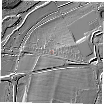 Shaded relief map of the ground around MK404AH, computed from Environment Agency LiDAR. The ground here sits at about 34 m above sea level and falls 15 m across the surrounding 800 m. Surface water reaching this point runs off ground lying to the east, 8.6 m higher.