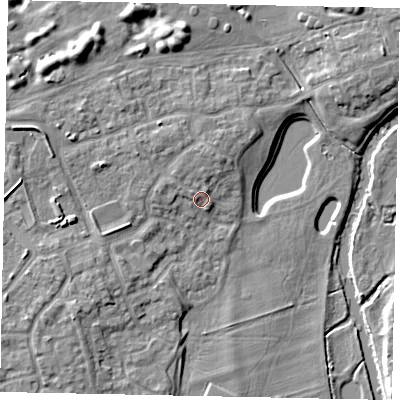 Shaded relief map of the ground around MK404GS, computed from Environment Agency LiDAR. The ground here sits at about 30 m above sea level and falls 10 m across the surrounding 800 m. Surface water reaching this point runs off ground lying to the north, 2.2 m higher.