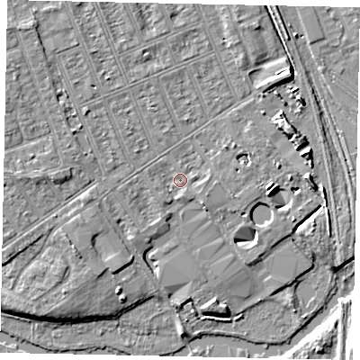 Shaded relief map of the ground around MK404JN, computed from Environment Agency LiDAR. The ground here sits at about 28 m above sea level and falls 7 m across the surrounding 800 m. Surface water reaching this point runs off ground lying to the west-south-west, 1.0 m higher.