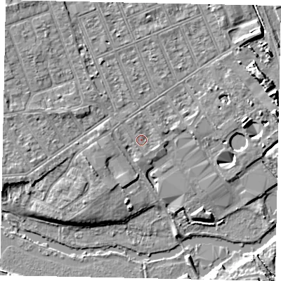 Shaded relief map of the ground around MK404JS, computed from Environment Agency LiDAR. The ground here sits at about 28 m above sea level and falls 7 m across the surrounding 800 m. Surface water reaching this point runs off ground lying to the west-north-west, 1.4 m higher.