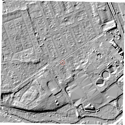 Shaded relief map of the ground around MK404JW, computed from Environment Agency LiDAR. The ground here sits at about 28 m above sea level and falls 7 m across the surrounding 800 m. Surface water reaching this point runs off ground lying to the north-west, 3.2 m higher.