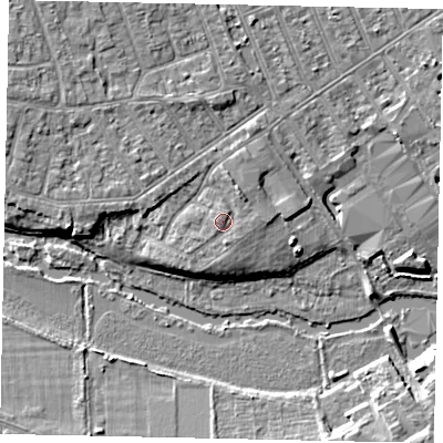 Shaded relief map of the ground around MK404JY, computed from Environment Agency LiDAR. The ground here sits at about 29 m above sea level and falls 6 m across the surrounding 800 m. Surface water reaching this point runs off ground lying to the north-east, 1.1 m higher.