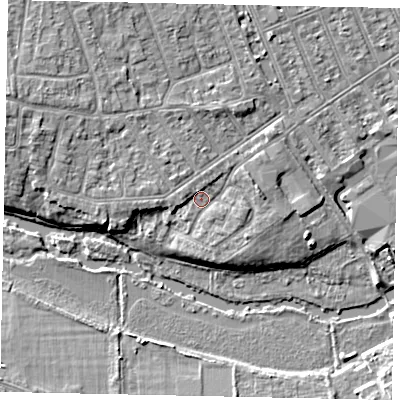 Shaded relief map of the ground around MK404LA, computed from Environment Agency LiDAR. The ground here sits at about 29 m above sea level and falls 7 m across the surrounding 800 m. Surface water reaching this point runs off ground lying to the east-north-east, 1.7 m higher.