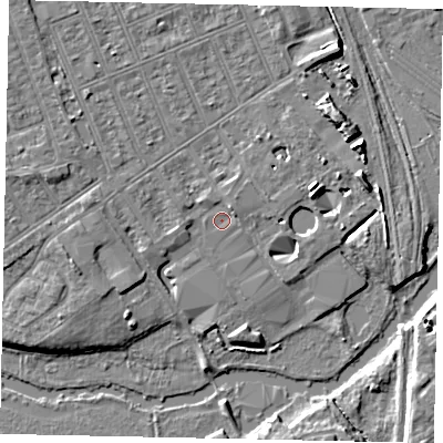 Shaded relief map of the ground around MK404LU, computed from Environment Agency LiDAR. The ground here sits at about 27 m above sea level and falls 7 m across the surrounding 800 m. Surface water reaching this point runs off ground lying to the north-east, 1.4 m higher.