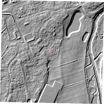 Shaded relief map of the ground around MK404RU, computed from Environment Agency LiDAR. The ground here sits at about 29 m above sea level and falls 9 m across the surrounding 800 m. Surface water reaching this point runs off ground lying to the north-west, 5.2 m higher.