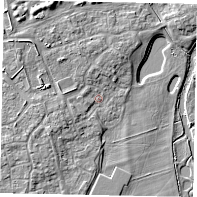 Shaded relief map of the ground around MK404RX, computed from Environment Agency LiDAR. The ground here sits at about 29 m above sea level and falls 10 m across the surrounding 800 m. Surface water reaching this point runs off ground lying to the west-south-west, 3.3 m higher.