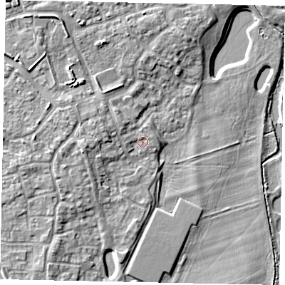 Shaded relief map of the ground around MK404SR, computed from Environment Agency LiDAR. The ground here sits at about 30 m above sea level and falls 8 m across the surrounding 800 m. Surface water reaching this point runs off ground lying to the west-north-west, 1.2 m higher.