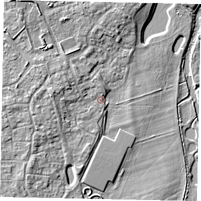 Shaded relief map of the ground around MK404ST, computed from Environment Agency LiDAR. The ground here sits at about 30 m above sea level and falls 8 m across the surrounding 800 m. Surface water reaching this point runs off ground lying to the west, 5.1 m higher.