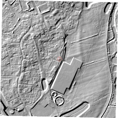 Shaded relief map of the ground around MK404WJ, computed from Environment Agency LiDAR. The ground here sits at about 30 m above sea level and falls 8 m across the surrounding 800 m. Surface water reaching this point runs off ground lying to the north-west, 2.9 m higher.