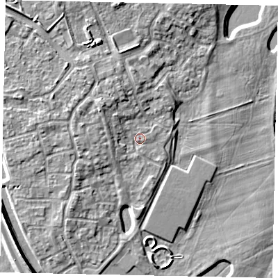 Shaded relief map of the ground around MK404WL, computed from Environment Agency LiDAR. The ground here sits at about 30 m above sea level and falls 8 m across the surrounding 800 m. Surface water reaching this point runs off ground lying to the west-north-west, 2.8 m higher.