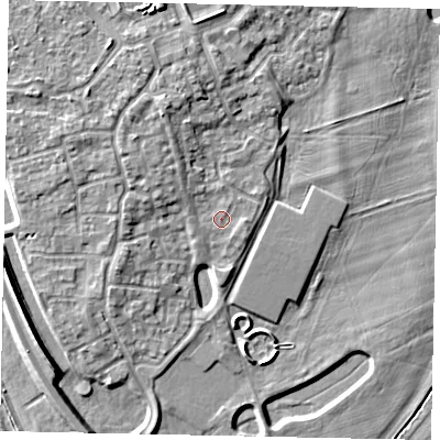 Shaded relief map of the ground around MK404WN, computed from Environment Agency LiDAR. The ground here sits at about 30 m above sea level and falls 8 m across the surrounding 800 m. Surface water reaching this point runs off ground lying to the north-north-west, 3.4 m higher.