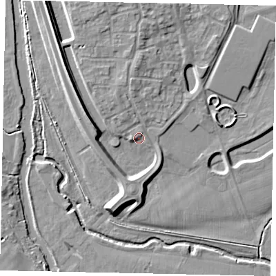 Shaded relief map of the ground around MK404WR, computed from Environment Agency LiDAR. The ground here sits at about 29 m above sea level and falls 8 m across the surrounding 800 m. Surface water reaching this point runs off ground lying to the west-north-west, 5.9 m higher.