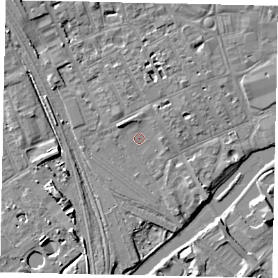 Shaded relief map of the ground around MK409AB, computed from Environment Agency LiDAR. The ground here sits at about 27 m above sea level and falls 7 m across the surrounding 800 m. Surface water reaching this point runs off ground lying to the west-north-west, 0.8 m higher.