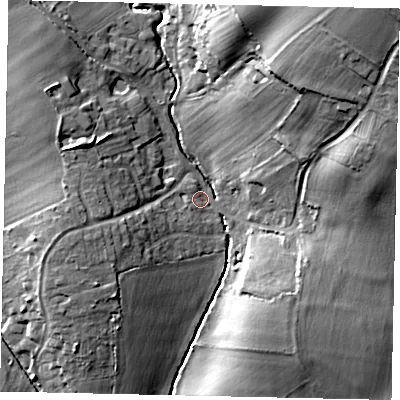Shaded relief map of the ground around MK410JR, computed from Environment Agency LiDAR. The ground here sits at about 30 m above sea level and falls 33 m across the surrounding 800 m. Surface water reaching this point runs off ground lying to the north-east, 31.0 m higher.