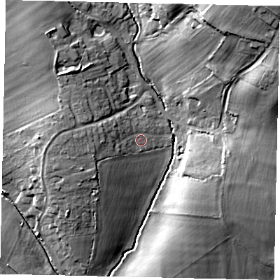 Shaded relief map of the ground around MK410JS, computed from Environment Agency LiDAR. The ground here sits at about 31 m above sea level and falls 30 m across the surrounding 800 m. Surface water reaching this point runs off ground lying to the west, 5.8 m higher.