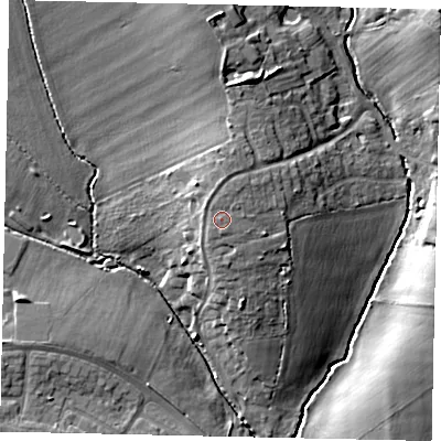 Shaded relief map of the ground around MK410JU, computed from Environment Agency LiDAR. The ground here sits at about 37 m above sea level and falls 18 m across the surrounding 800 m. Surface water reaching this point runs off ground lying to the north-north-east, 0.7 m higher.